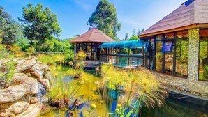 Un jardin avec un étang, un kiosque et un bâtiment à la façade en pierre.