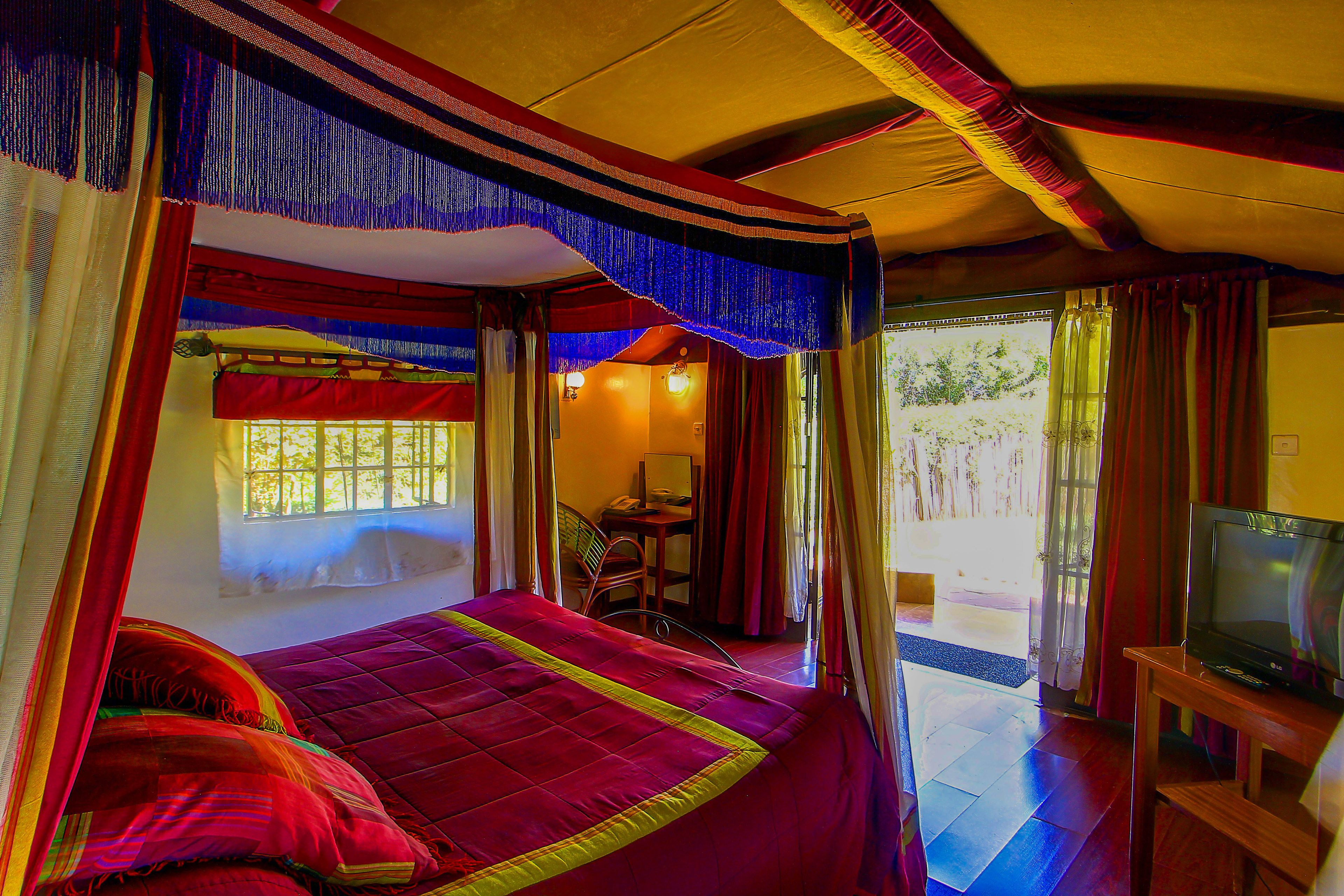 A room with a bed, a television, and a desk with a chair.