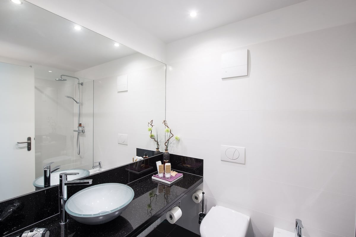 shower, free toiletries, hair dryer, towels