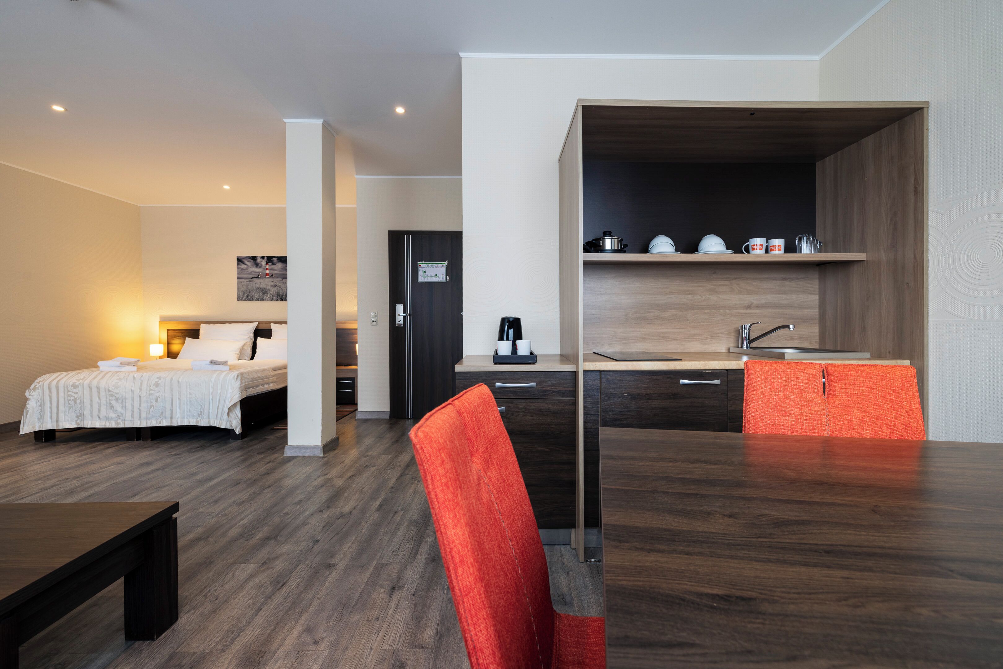Comfort Studio | Premium bedding, desk, laptop workspace, blackout drapes