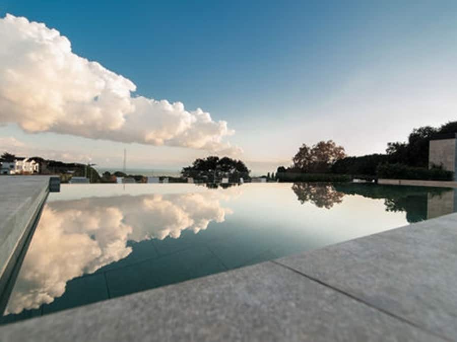 Outdoor pool, pool umbrellas, sun loungers