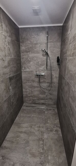 Habitación exclusiva doble | Baño | Ducha, secador de pelo y toallas