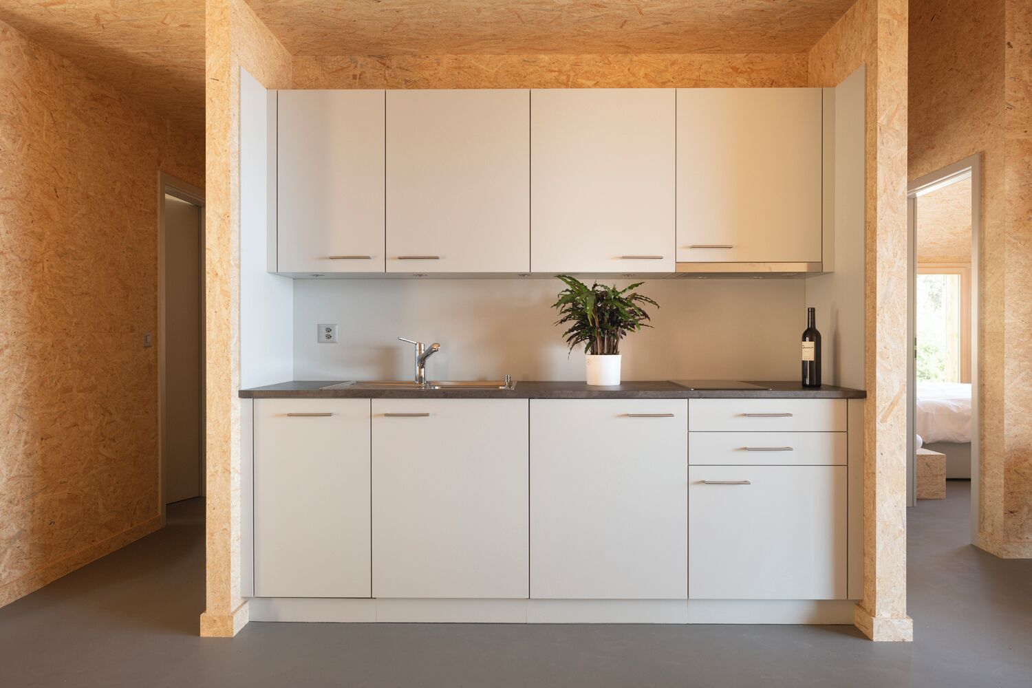 Une cuisine moderne avec des meubles blancs, un plan de travail, un évier, une plante en pot et une bouteille de vin.