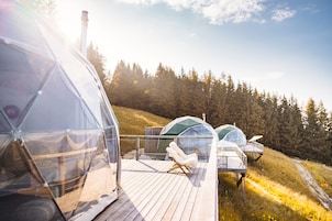 Des cabines transparentes en forme de dôme, dotées de terrasses en bois et de chaises longues, situées dans une zone boisée.