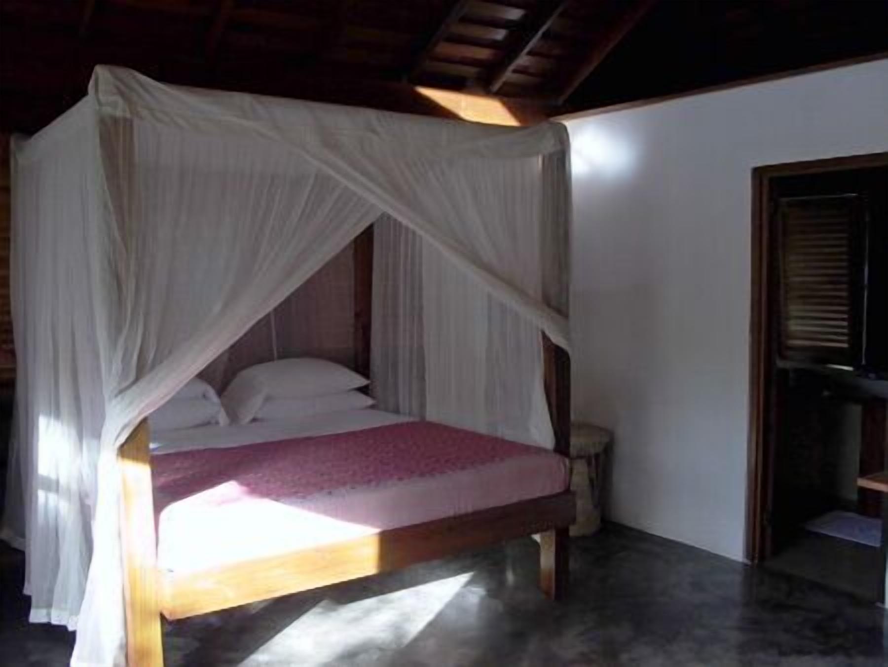 A single bed with a canopy in a room with a wooden floor and a door to the right.