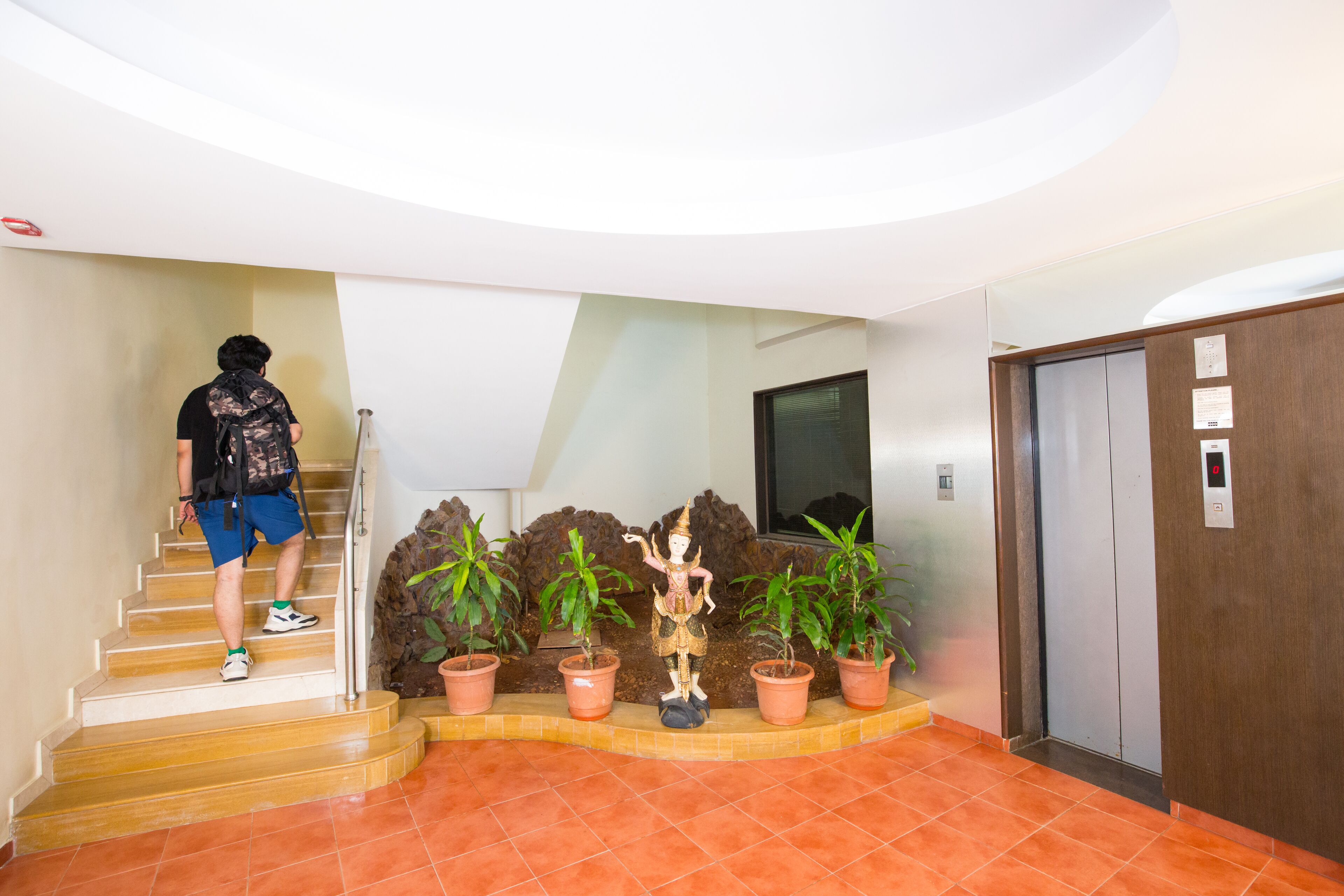 A staircase with a person ascending, potted plants, and an elevator.