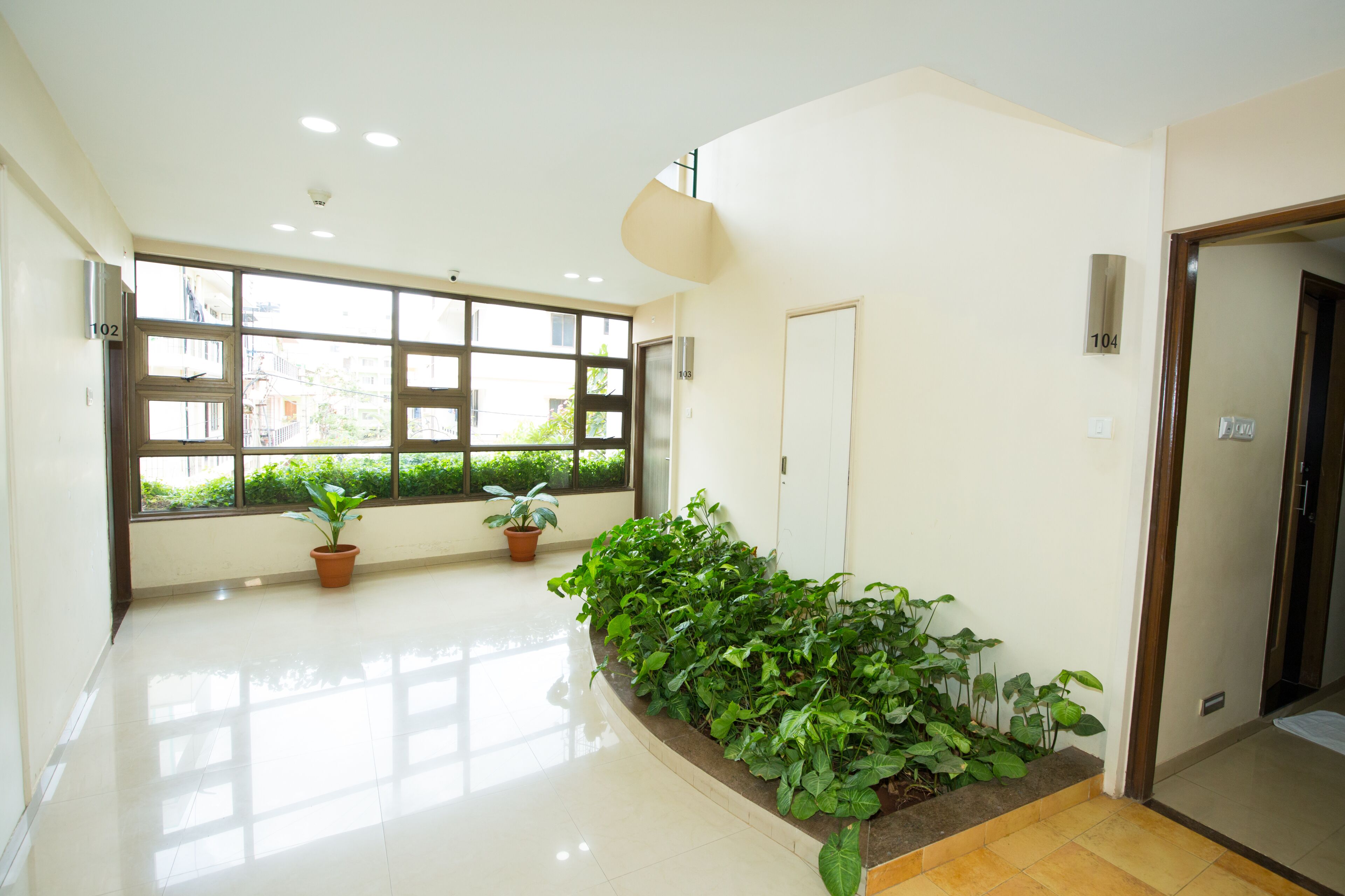 A spacious lobby with large windows, a potted plant, and a tiled floor.