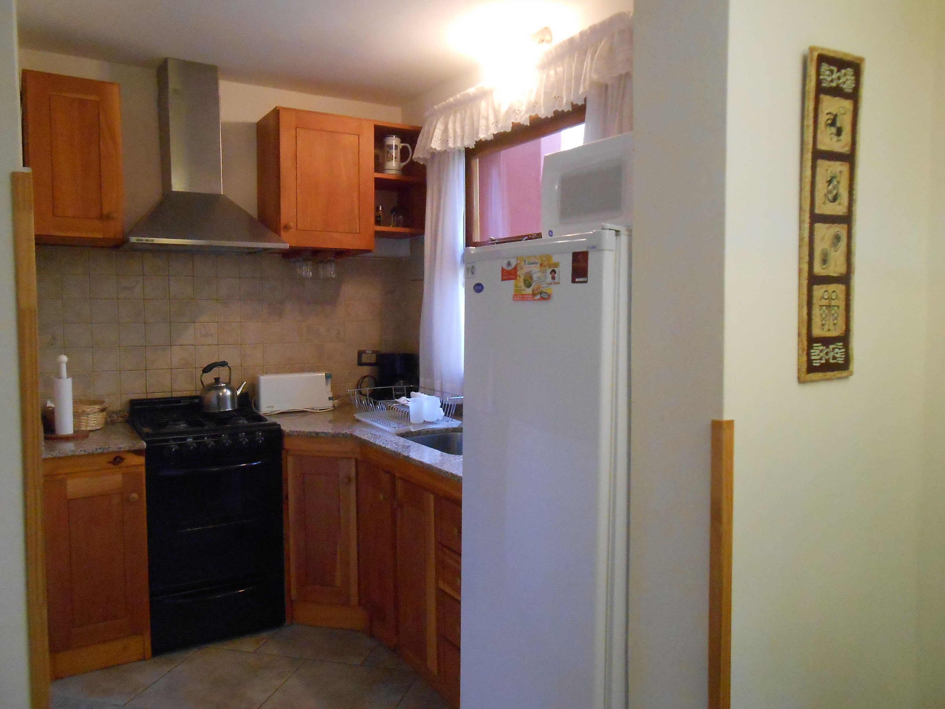 Une cuisine de taille réduite, dotée de meubles de rangement en bois, d’une cuisinière, d’un four à micro-ondes et d’un réfrigérateur.