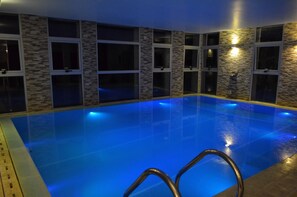 Indoor pool, open 10:00 AM to 10:00 PM, sun loungers