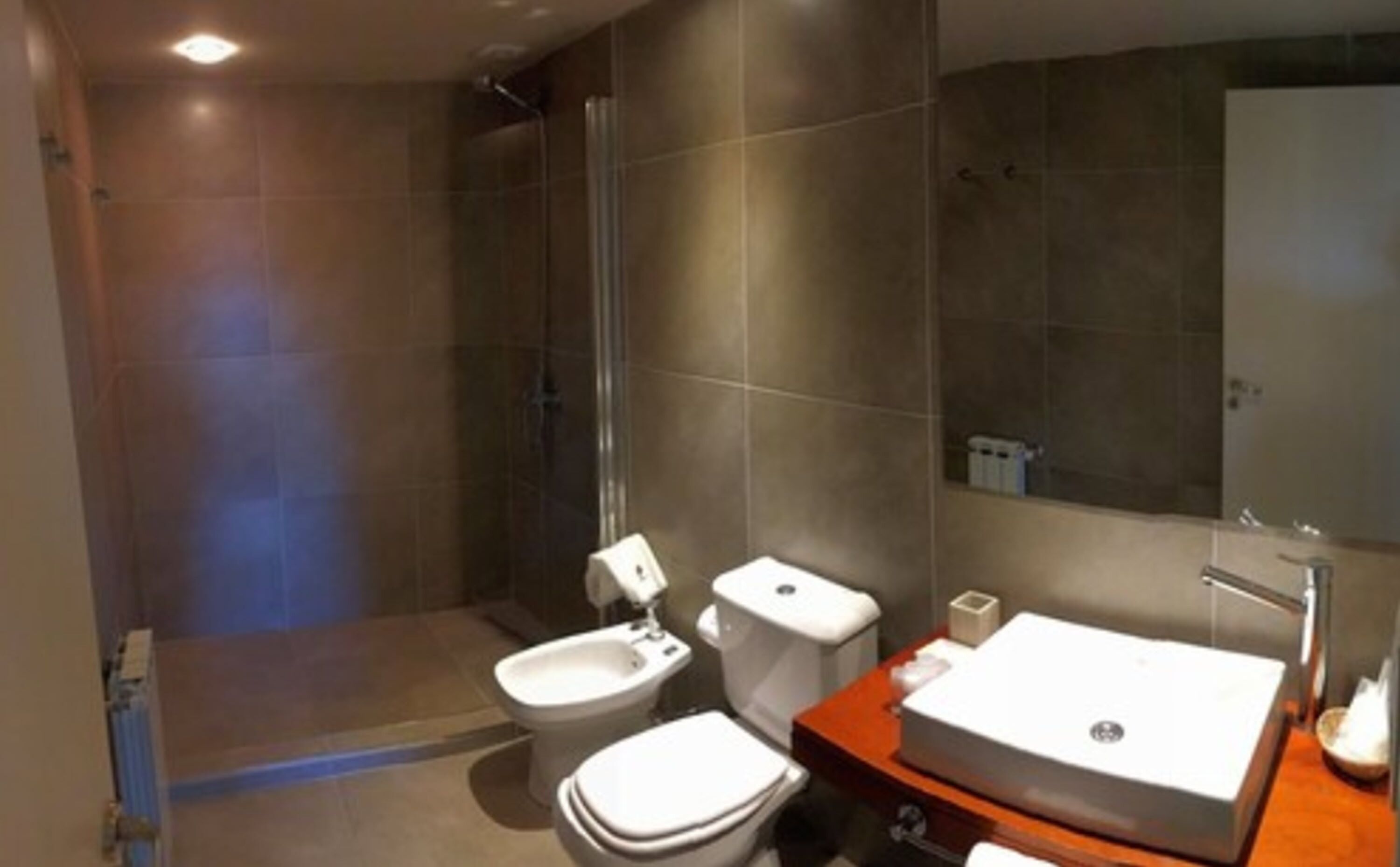 Ein modernes Badezimmer mit Dusche, zwei Toiletten und einem großen Waschbecken.