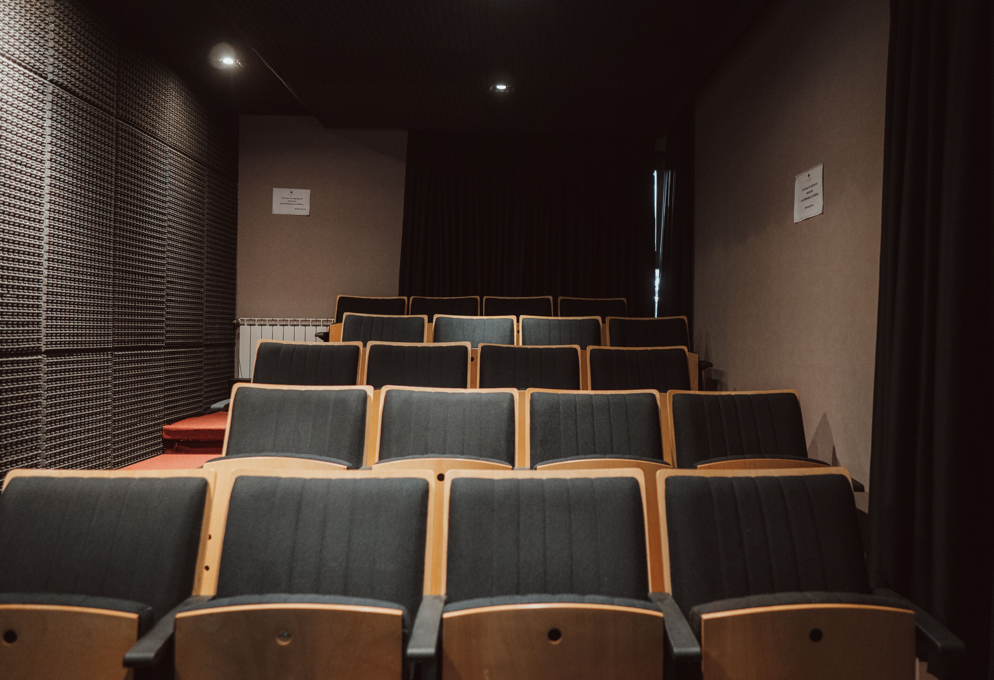 A cinema with rows of seats, a screen, and a darkened room.