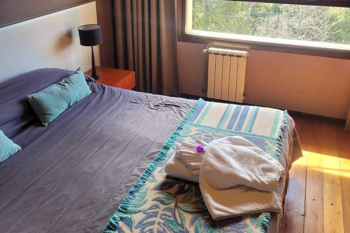 A bedroom with a large bed, a window with a view of trees and a lake, a radiator, and a lamp on a nightstand.