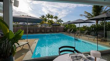 Outdoor pool, open 8:00 AM to 7:30 PM, pool umbrellas, sun loungers