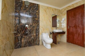 A bathroom with a marble wall, a toilet, a sink, and a wooden door. - TIH Hotel Sky Desert (Leh)