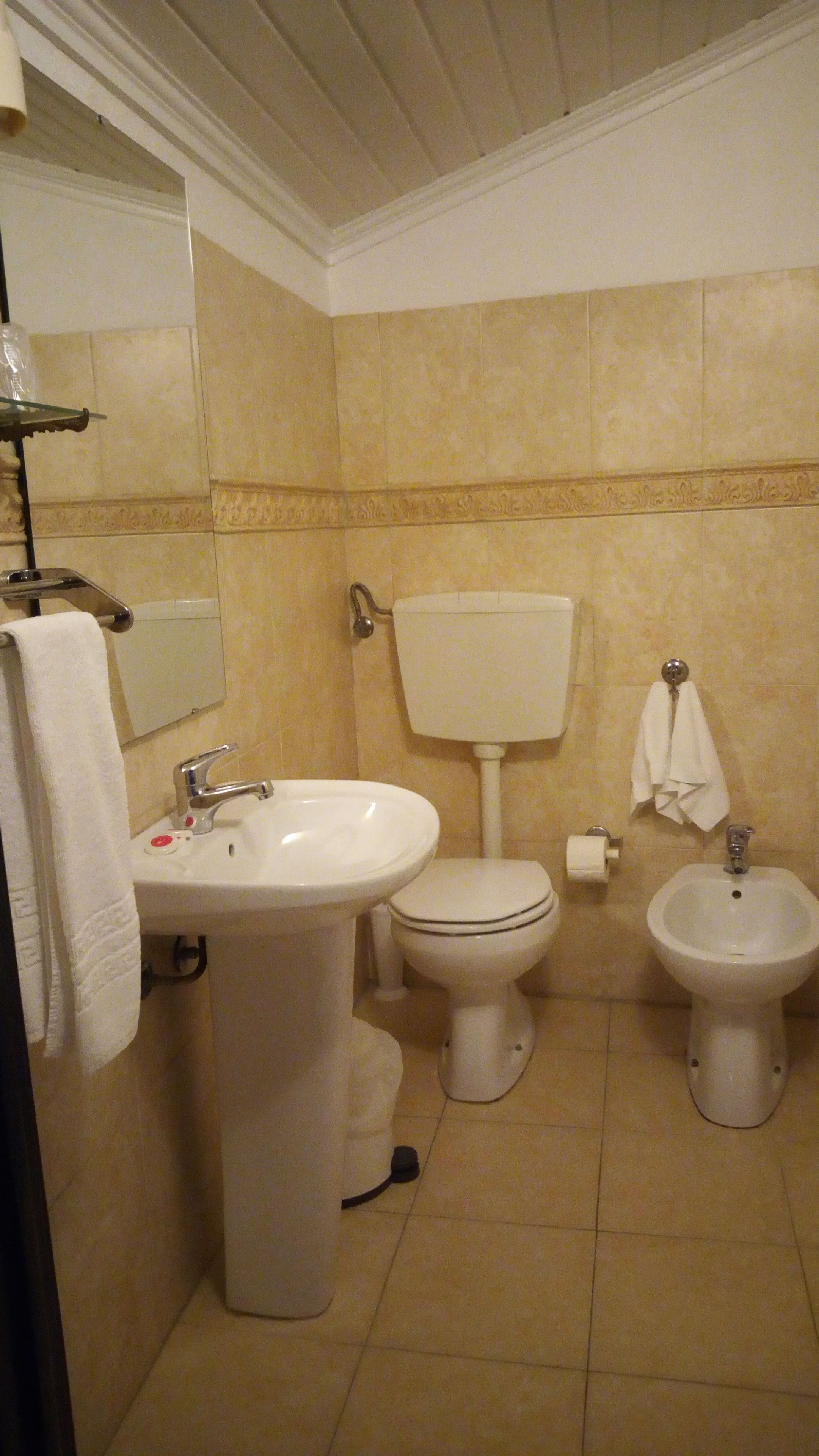 A bathroom with a sink, toilet, and bidet.