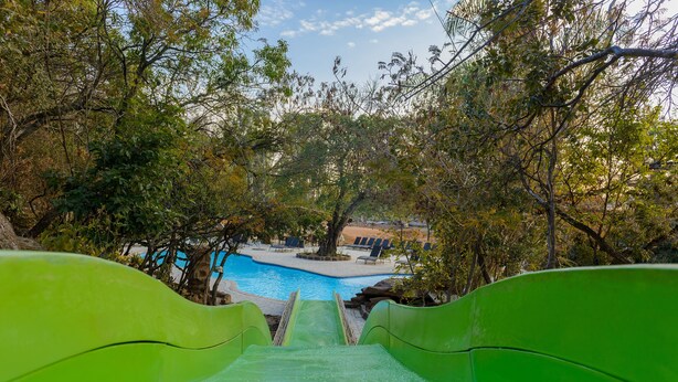 A water slide leading to a pool surrounded by trees. - Waterberg Game Park (Vaalwater)