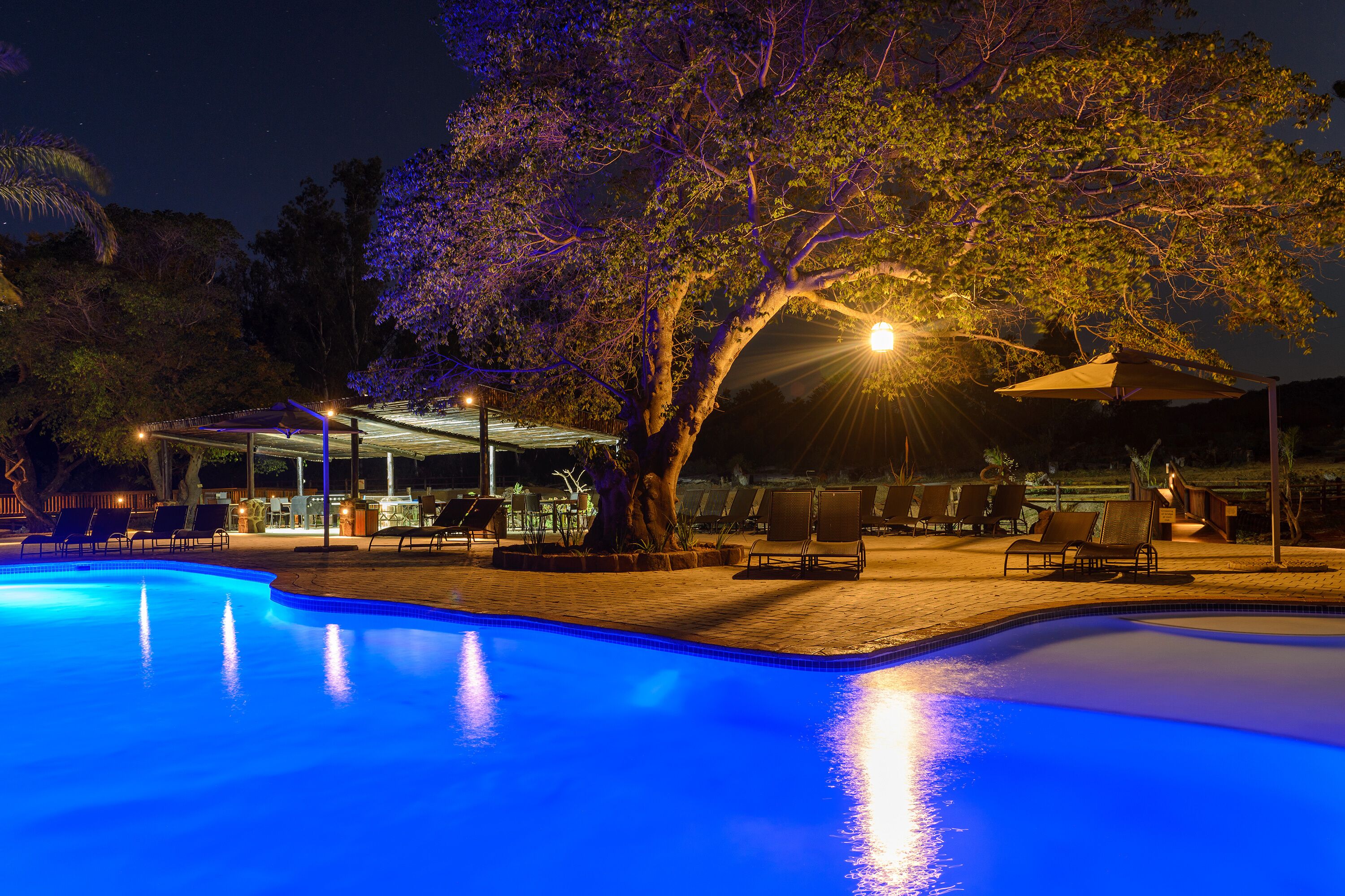 4 室外游泳池，池畔遮阳伞，日光浴躺椅