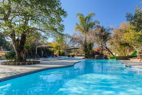 Outdoor pool, pool umbrellas, sun loungers
