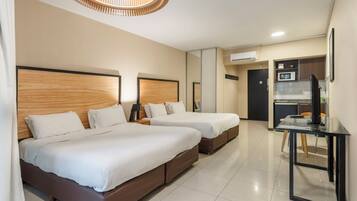 Familie appartement | 1 slaapkamer, luxe beddengoed, donsdekens, een kluis op de kamer