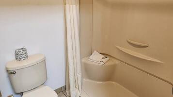 Une salle de bain comprenant des toilettes, une douche et une baignoire.