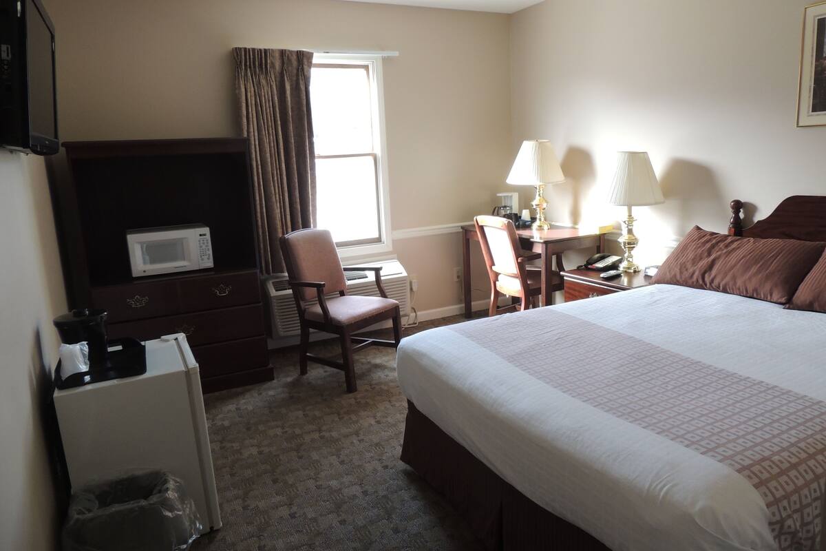 A hotel room with a bed, a desk, a chair, a microwave, a lamp, and a television.