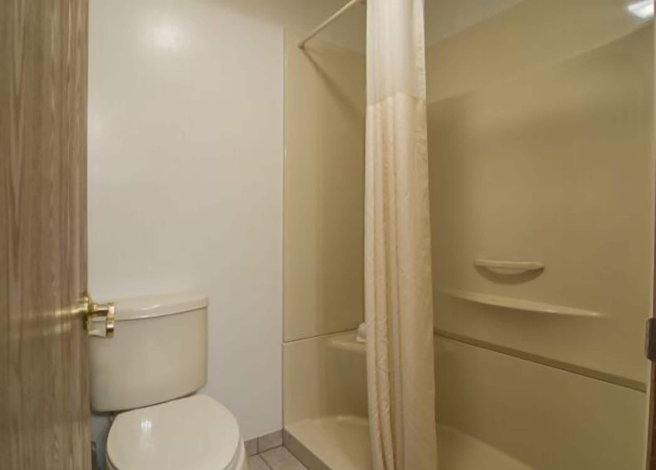 Une salle de bain avec des toilettes, une douche dotée d’une porte en verre et une étagère.