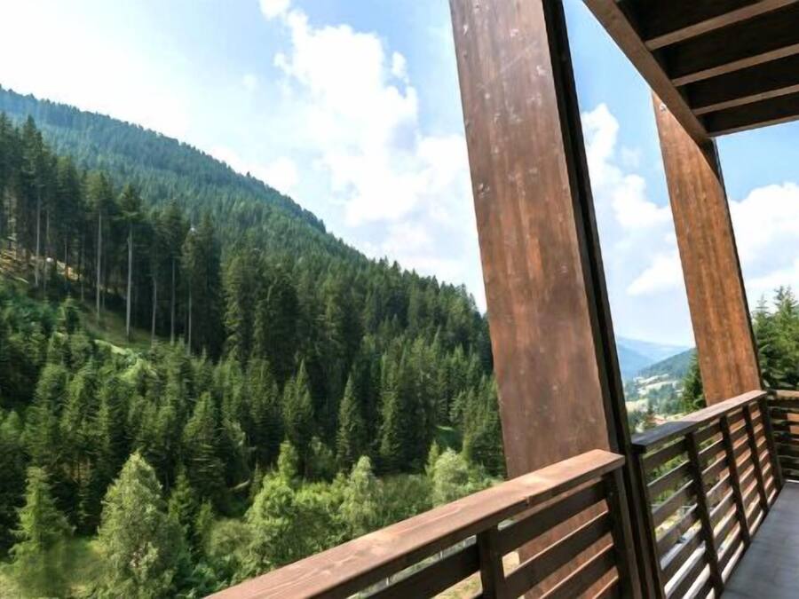 Ein hölzerner Balkon mit Blick auf einen dichten Wald und einen Berg im Hintergrund.