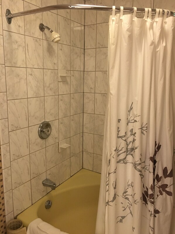A bathroom with a shower, a bathtub, and a toilet.