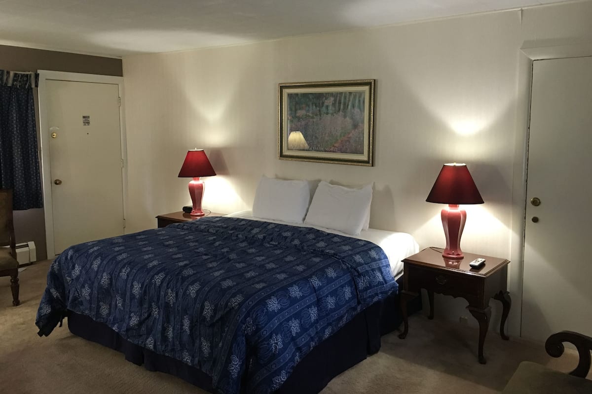 A hotel room with a large bed, two bedside tables, a painting on the wall, and a door.