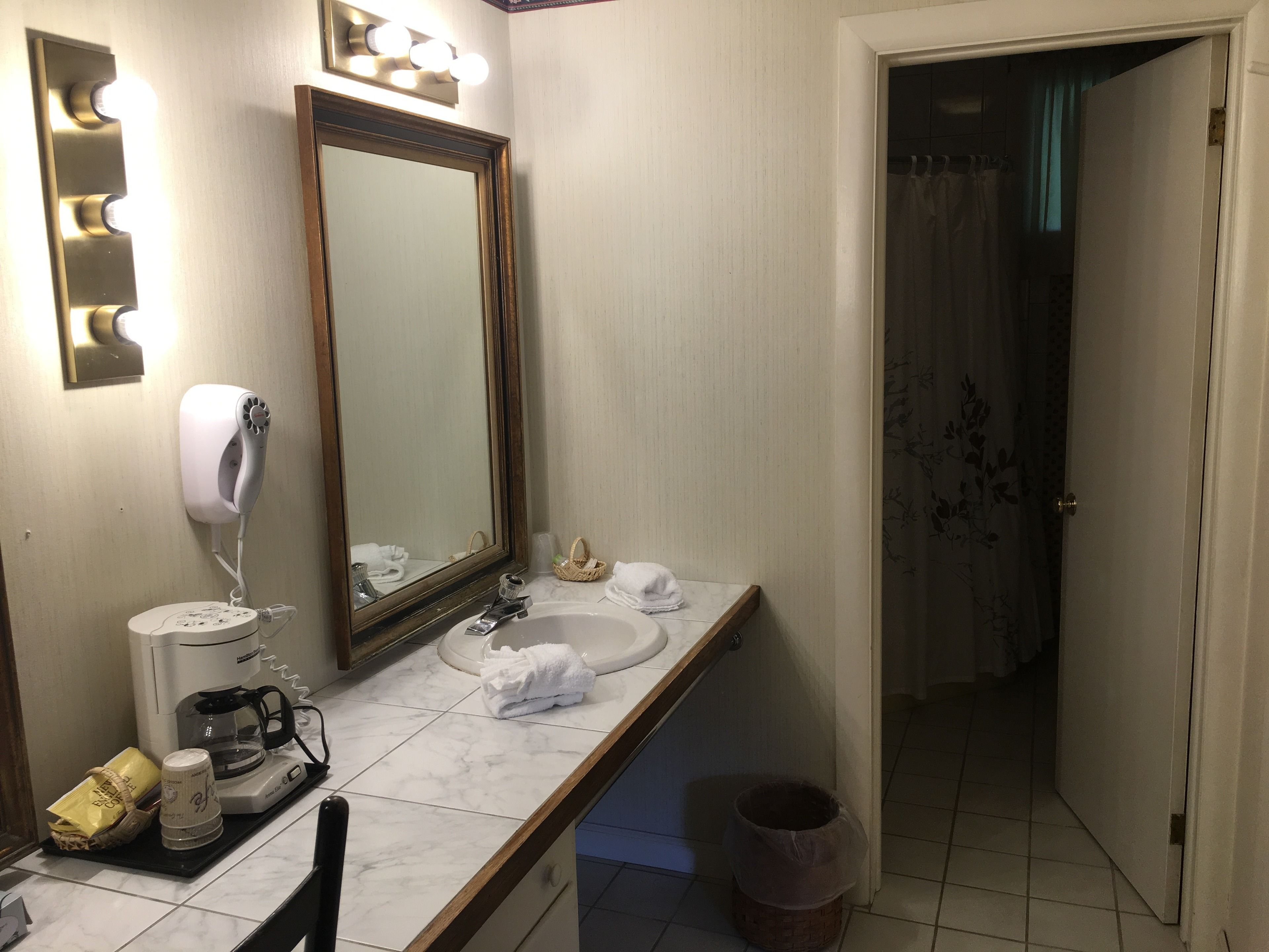 A bathroom with a vanity, a large mirror, a hairdryer, a coffee maker, and a trash bin.
