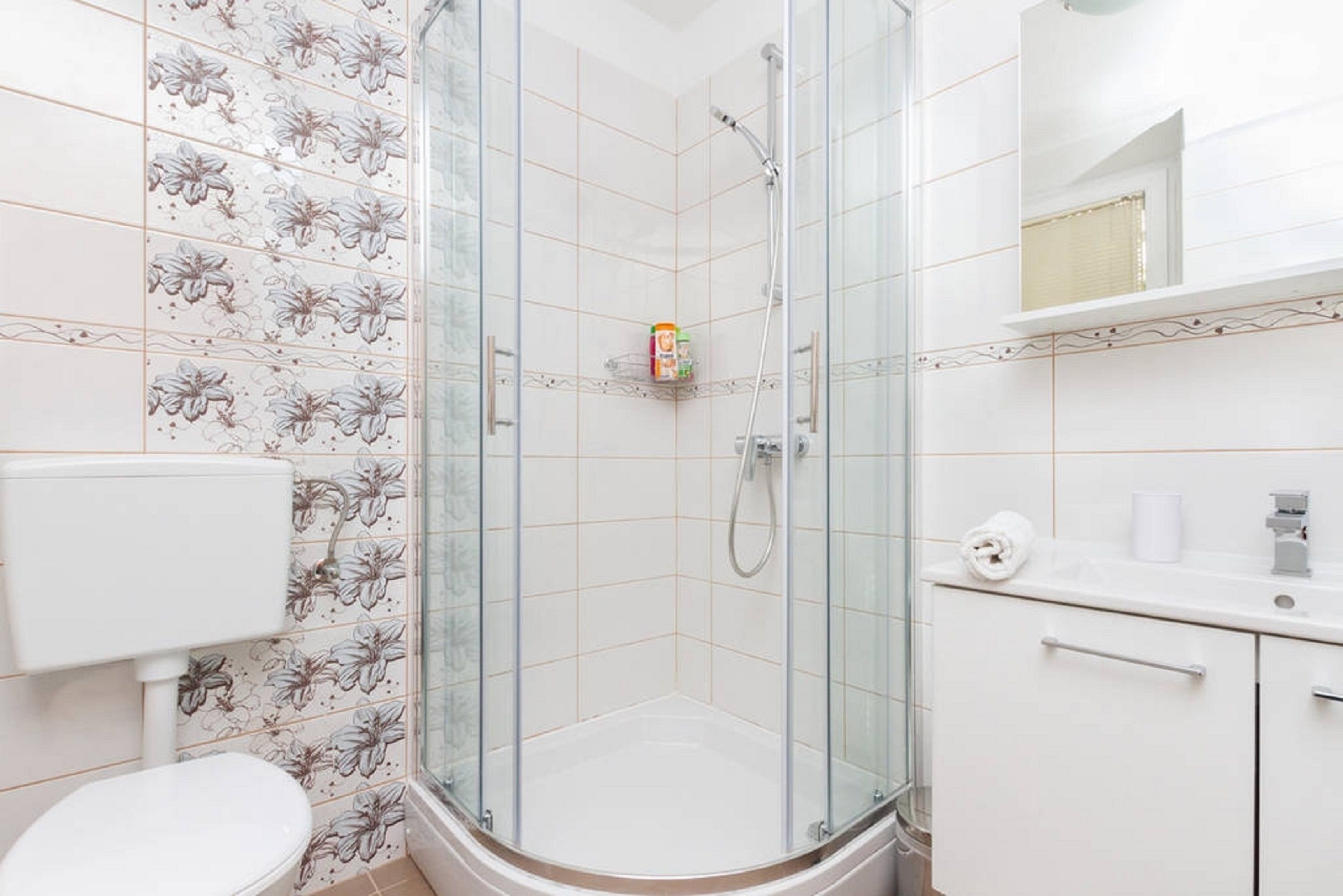 A bathroom with a glass shower enclosure, a toilet, and a sink with a mirror above it.