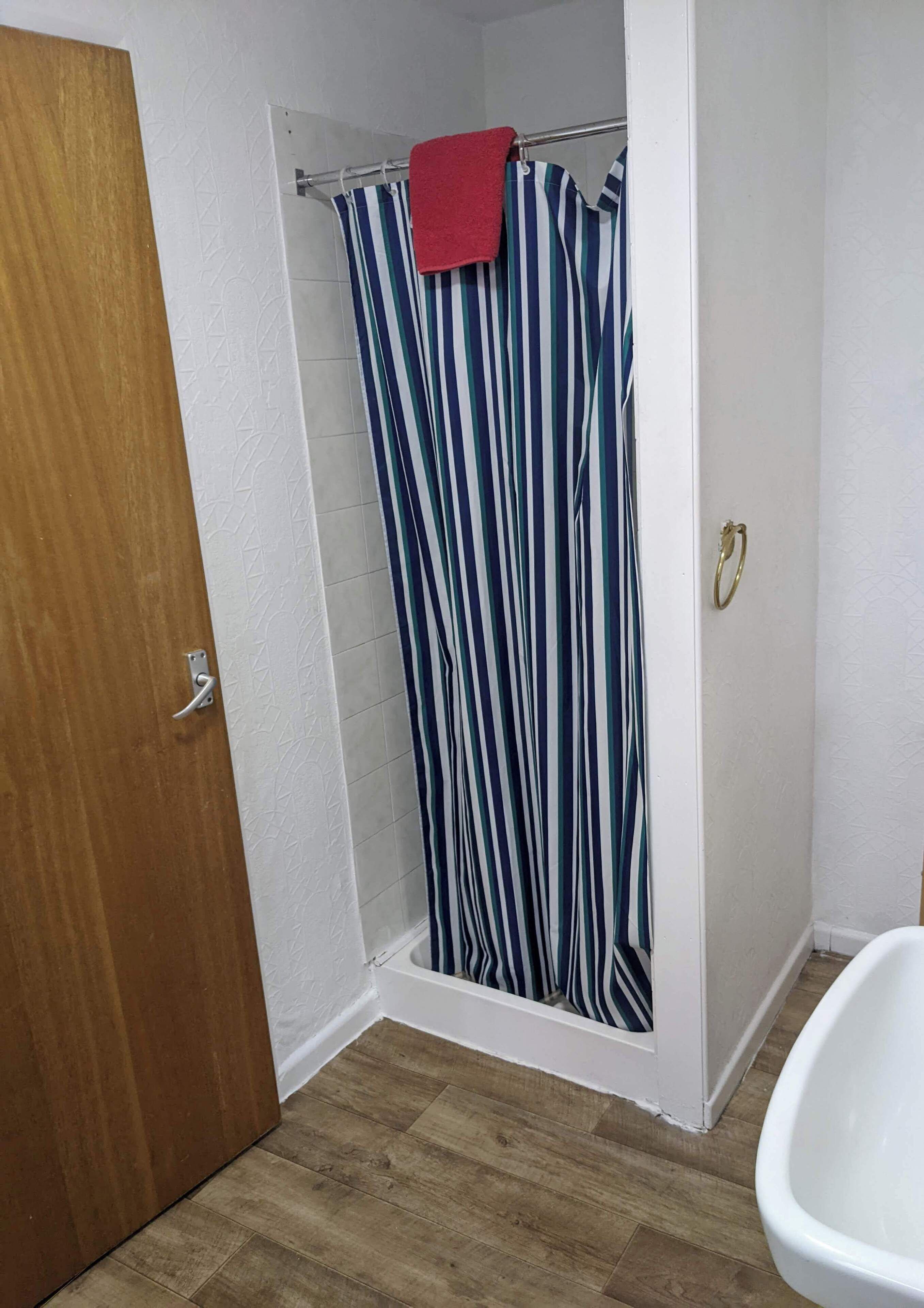 A bathroom with a shower, a wooden door, and a white sink.