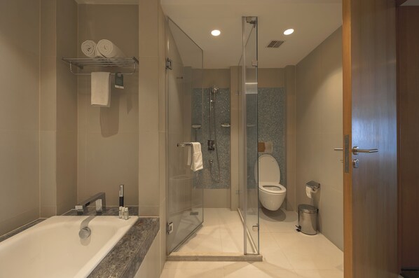 A modern bathroom with a glass-enclosed shower, a bathtub, and a toilet.