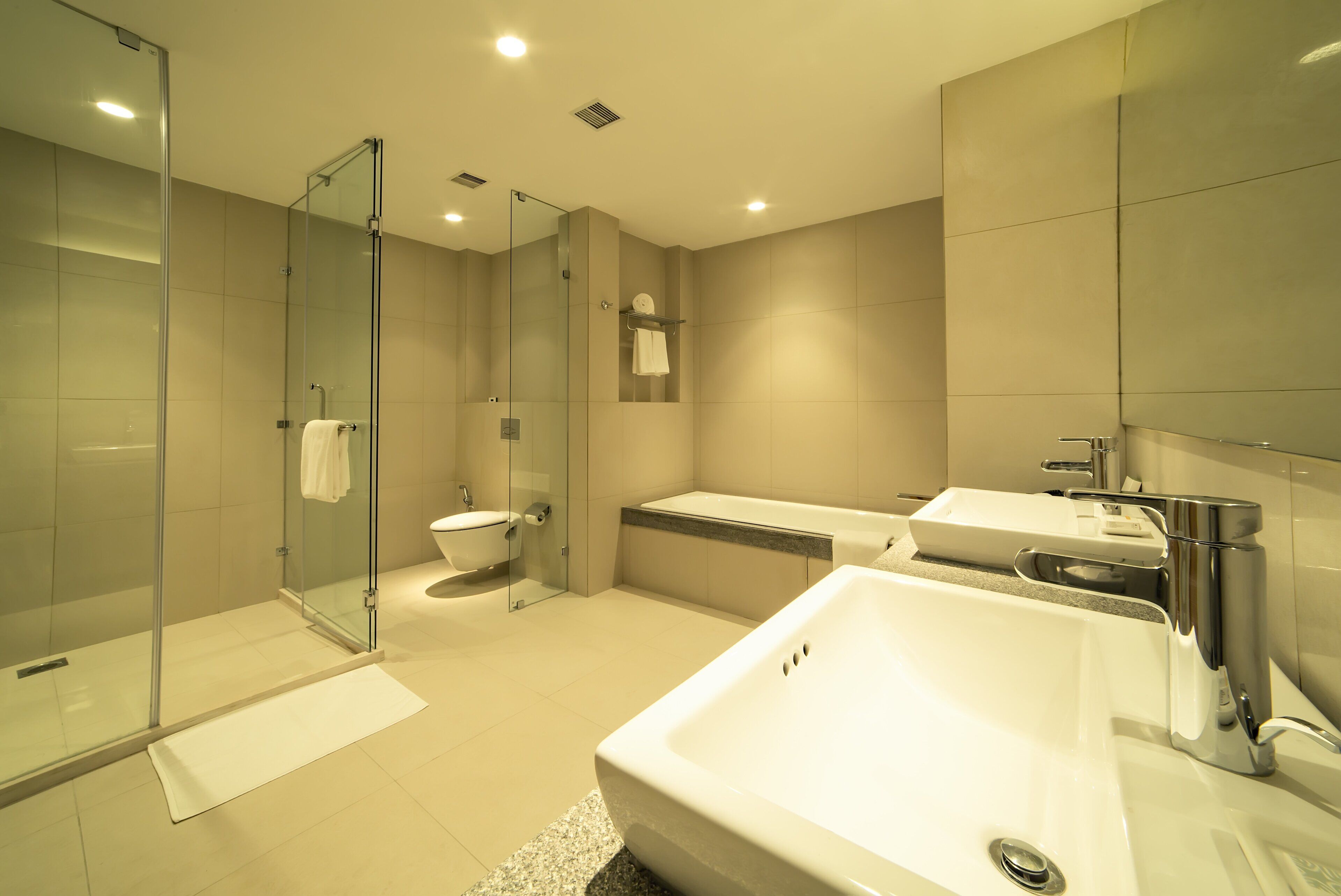 Een moderne badkamer met een douchecabine van glas, toilet, bad en een groot wastafel.