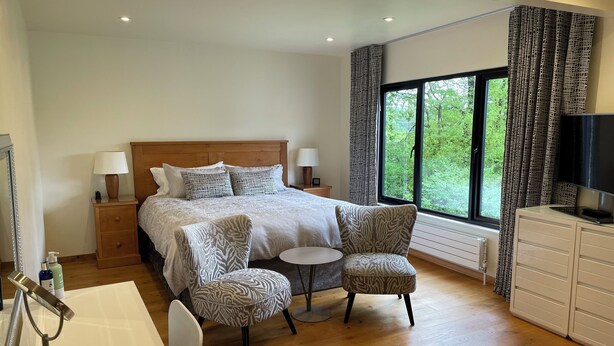 A modern hotel room with a large bed, two chairs, a small table, a TV, and a window with curtains. - White Lodge B&B (Lewes)