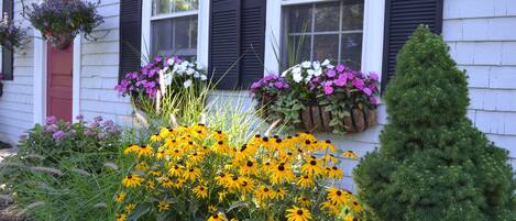 Una casa con porche, contraventanas negras y macetas colgantes de flores.