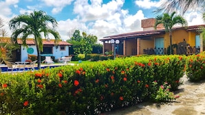 Un patio con un sendero empedrado, abundante vegetación y un edificio de techo a tejas.