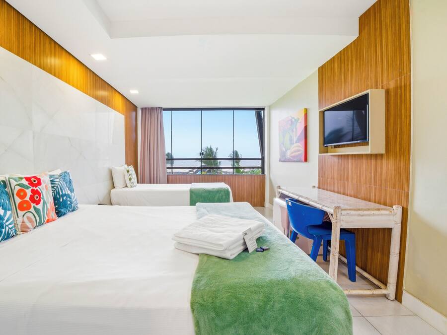 Habitación de hotel con una cama grande, un escritorio, un televisor y ventana con vistas.