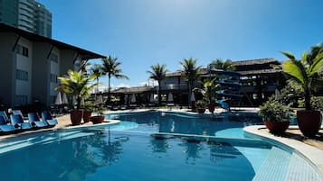 Outdoor pool, pool umbrellas, pool loungers