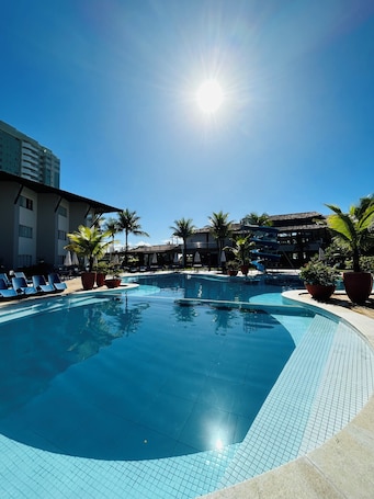 Outdoor pool, pool umbrellas, sun loungers