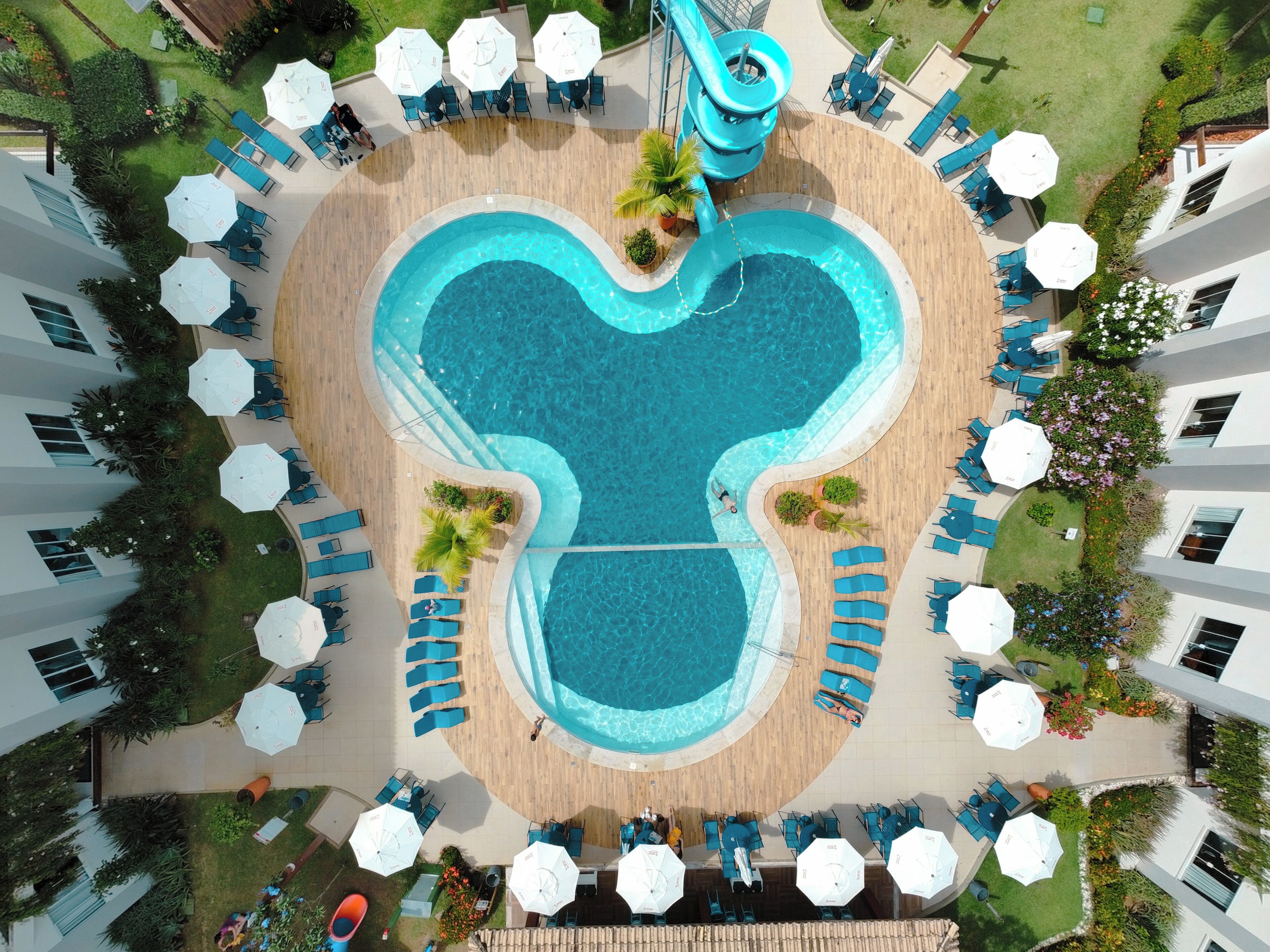 outdoor pool, pool umbrellas, pool loungers
