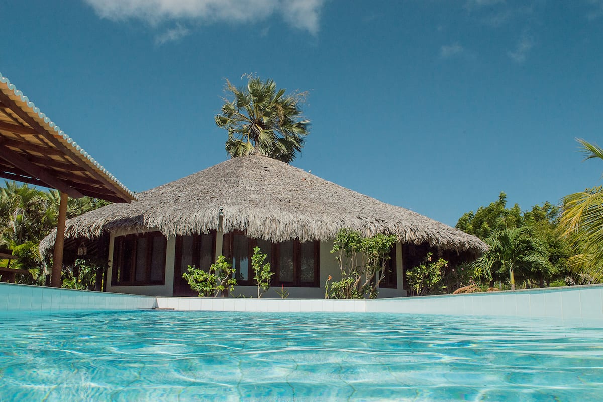 A poolside building with a thatched roof, surrounded by palm trees and a clear blue sky.