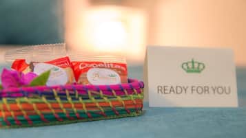 A basket with food items and a card that says "READY FOR YOU".