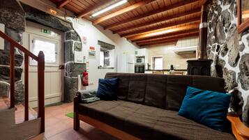 A cozy room with a stone wall, wooden ceiling, a sofa with blue cushions, a wooden staircase, and a kitchen area in the background.