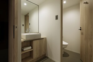 A modern bathroom with a wooden vanity, a large mirror, and a toilet.