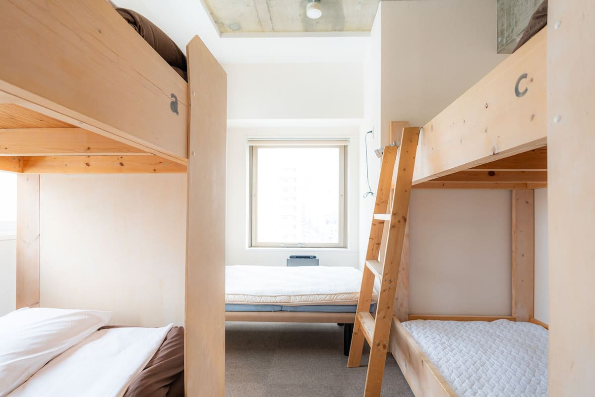 A dormitory room with bunk beds, a window, and a ladder.