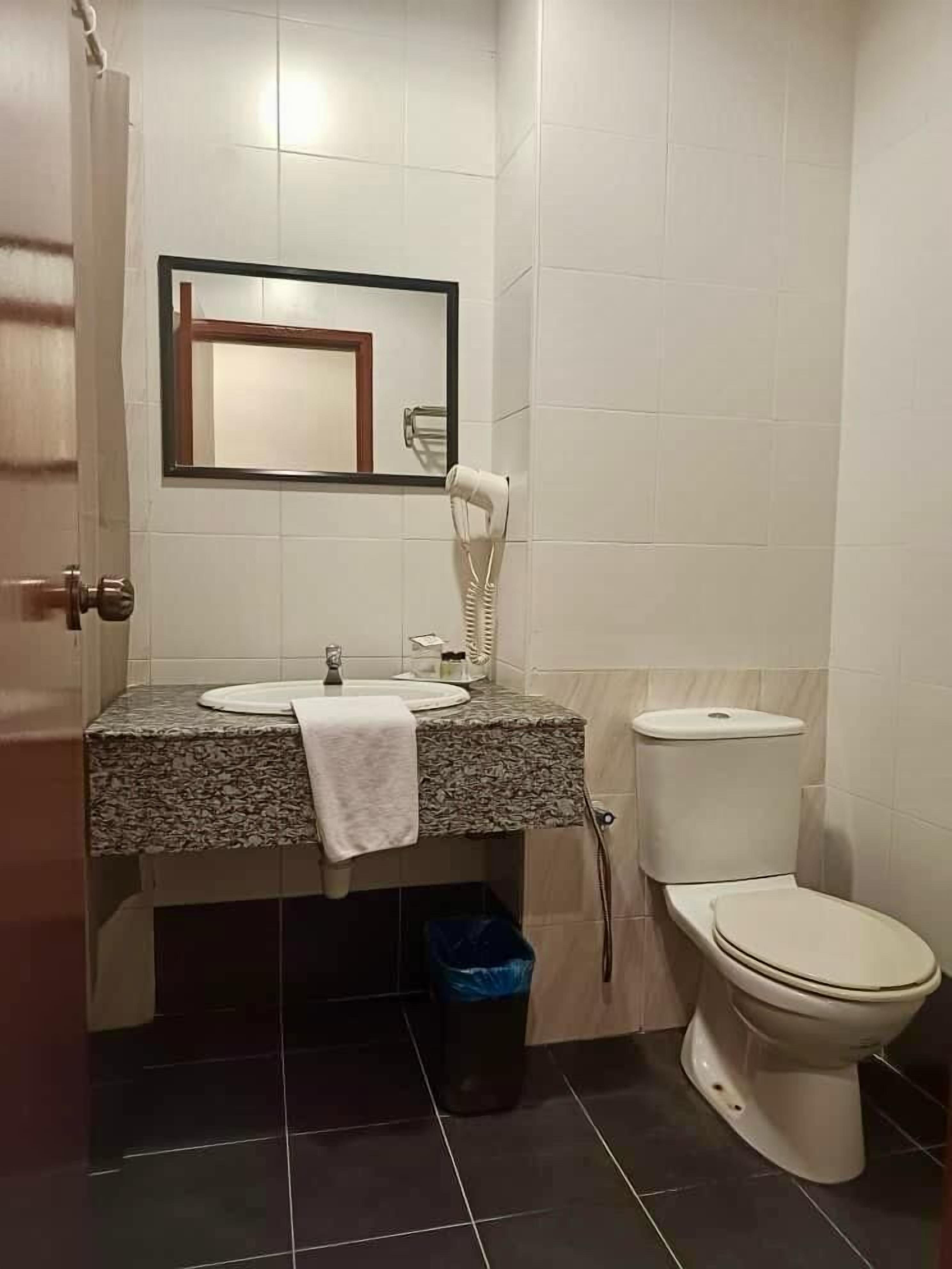 A bathroom with a sink, mirror, hairdryer, toilet, and trash bin.