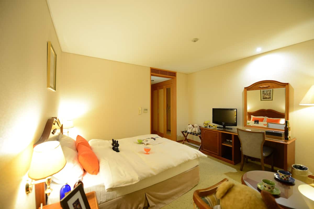 Una habitación de hotel con cama, escritorio, televisor y espejo.