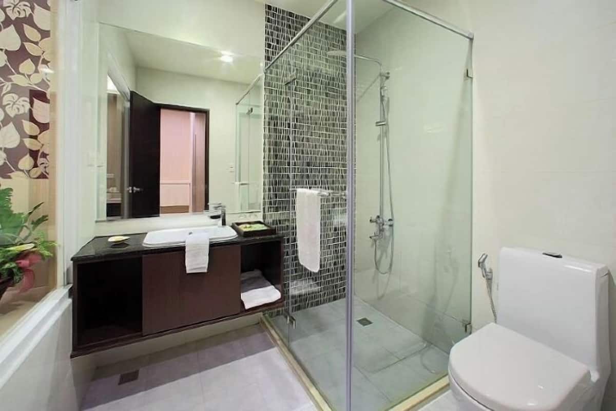 Bathroom | Hair dryer, slippers, towels