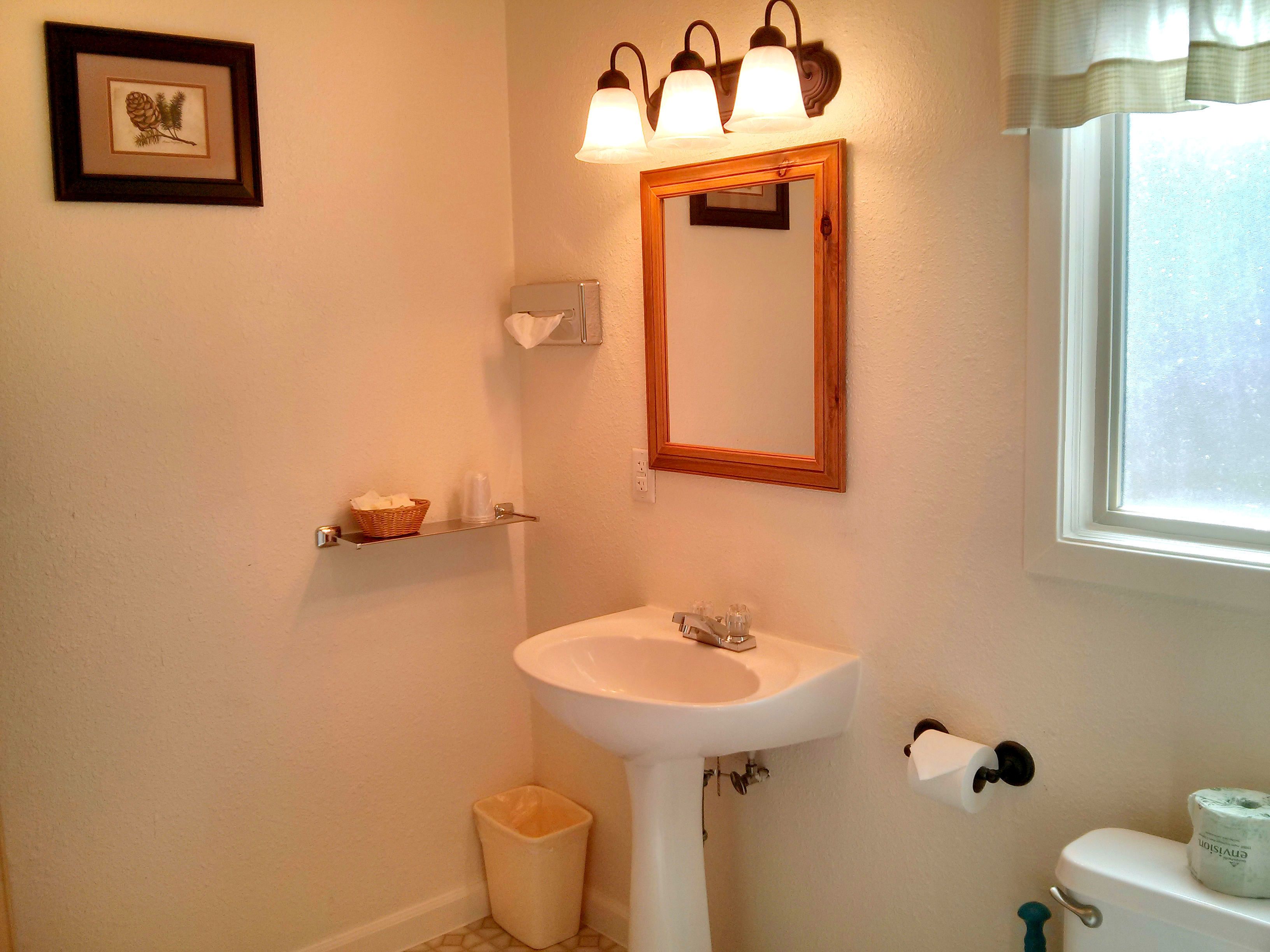 A bathroom with a white sink, a mirror, a toilet, and a trash can.